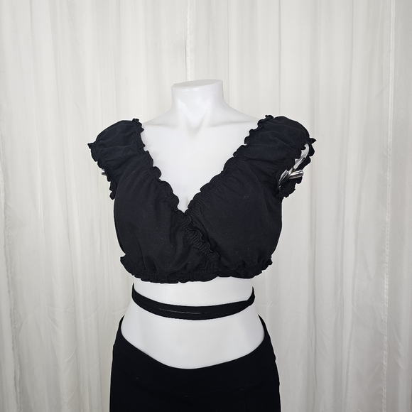Garage Tops - Garage Black Cotton Crop Wrap Top Tie Waist Baddie Vibes XL